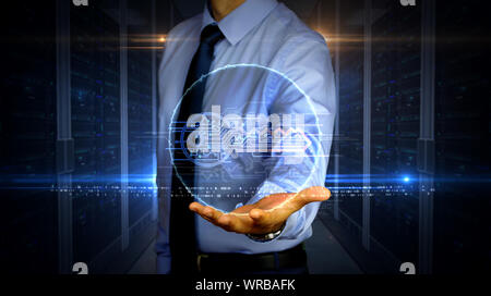Man with dynamic cyber key symbol hologram on hand. Businessman and futuristic concept of Computer security, encryption and password protection with l Stock Photo