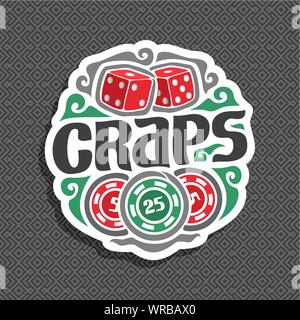 Vector logo for Craps gamble: sign with 2 red dice cubes on grey geometric seamless pattern, black inscription - craps, gambling icon with casino chip Stock Vector