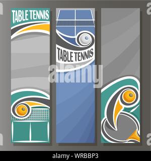 Vector set of vertical banners for Table Tennis: 3 templates for text on table tennis theme, ping pong racket with flying ball above net on grey backg Stock Vector