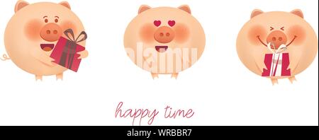 Greeting illustrations of cute pink pigs are smiling and holding gifts for the holiday. Stock Vector