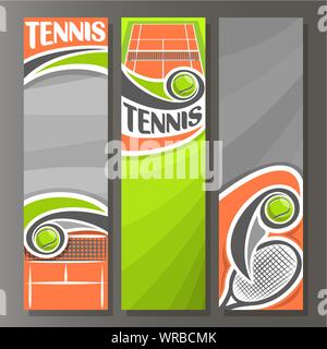 Vector vertical banners for Tennis: 3 templates for text on tennis theme, clay sporting court with net and racket, green flying ball on grey backgroun Stock Vector