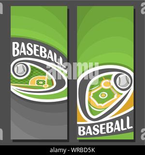 Vector vertical banners for Baseball: 2 layouts for title on baseball theme, ball flying on curve trajectory above diamond base on green background. Stock Vector