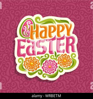 Vector logo for Easter, decorated chicken egg and 3 colorful flowers on red abstract background. Stock Vector