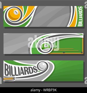 Vector horizontal banners for Billiards: 3 cartoon covers for text on snooker theme, billiards table and cue hitting pool ball on gray background. Stock Vector