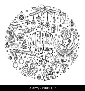 Christmas doodles set. Merry Christmas greeting card. Black and white vector illustration. Hand drawn outline elements and holiday symbols. Stock Vector