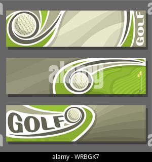 Vector horizontal banners for Golf: 3 cartoon covers for text on golf theme, golf course with flying ball and hole with flag on grey background. Stock Vector
