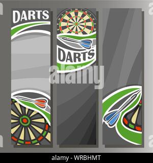Vector vertical banners for Darts board: 3 cartoon templates for text on dart Dartboard theme, arrow throwing in target on grey background. Stock Vector