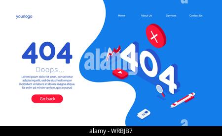 Design template for web page with error 404. Isometric numbers 404 with diagram, familiar errors and pen on a blue background. Stock Vector
