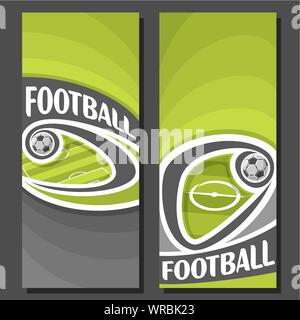 Vector vertical banners for Football: 2 layouts for text on football theme, green soccer field with flying on curve ball on black background. Stock Vector