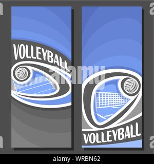 Vector vertical Banners for Volleyball: 2 layouts for text on volleyball theme, blue court with flying ball and net on black background, sports ticket Stock Vector