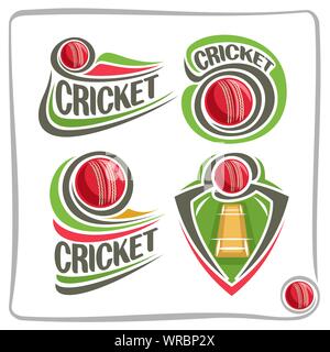 Vector set of  icons for Cricket game: red ball flying on curve on pitch field, logo with text - cricket isolated on white. Stock Vector