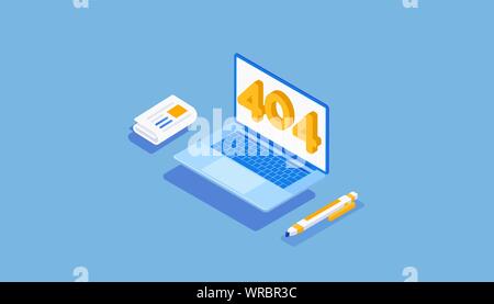 Design template for web page with error 404. Isometric numbers 404 with errors and pen on a blue background. Stock Vector