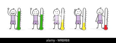 Emotions and mood. A set of cartoon characters with a thermometer. Flat design. Stock Vector