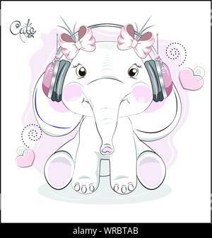 the lovely drawn baby elephant calf, with bow, elephant in earphones. Can be used for t-shirt print, kids wear fashion design, baby shower, invitation Stock Vector