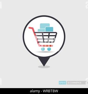 Shopping cart with boxes pin map icon. E-commerce sign. Map pointer. Map markers. Destination vector icon. Graph symbol for your web site design, logo Stock Vector
