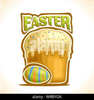 Vector illustration for Easter holiday: logo with colored striped chicken egg and homemade cake with flowing drip glaze cream. Stock Vector