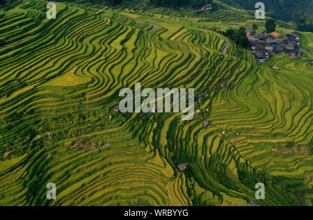 An aerial view of the Jiabang rice terraces in Congjiang County, Qiandongnan Miao and Dong Autonomous Prefecture, southwest China's Guizhou Province o Stock Photo