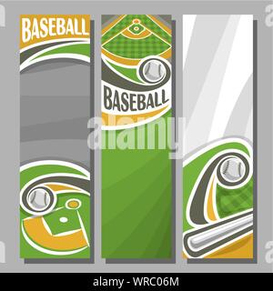 Vector vertical banners for Baseball: 3 cartoon templates for text on baseball theme, green sports field with hitting of bat flying ball on grey backg Stock Vector