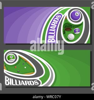 Vector banners for Billiards game: purple billiards ball on curve trajectory flying above pool table on green abstract background. Stock Vector