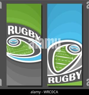 Vector vertical banners for Rugby game: 2 layouts for text on rugby theme, oval ball flying on curve trajectory above field on blue background. Stock Vector