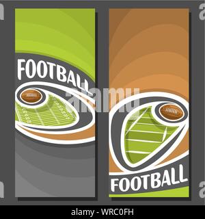 Vector vertical banners for American Football: 2 layouts for title on american football theme, ball flying on curve above field on brown background. Stock Vector