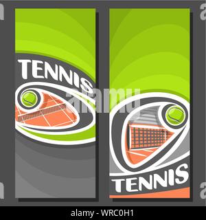 Vector vertical banners for Tennis: 2 layouts for text on tennis theme, orange clay court with flying above net ball on black background. Stock Vector