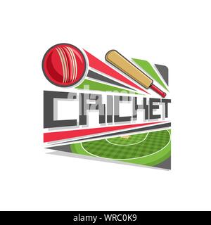 Vector logo for Cricket game: red ball hitting of bat, flying on trajectory on stadium. Stock Vector