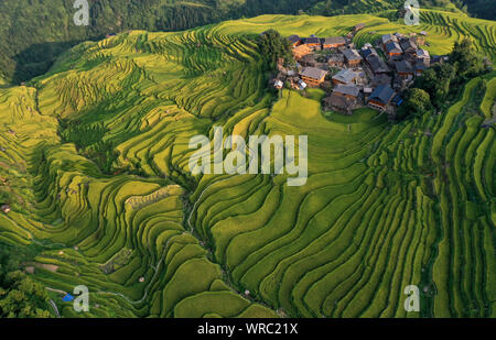 An aerial view of the Jiabang rice terraces in Congjiang County, Qiandongnan Miao and Dong Autonomous Prefecture, southwest China's Guizhou Province o Stock Photo