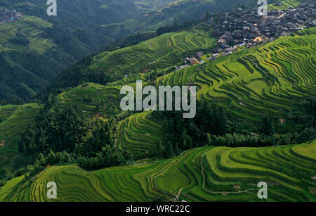 An aerial view of the Jiabang rice terraces in Congjiang County, Qiandongnan Miao and Dong Autonomous Prefecture, southwest China's Guizhou Province o Stock Photo