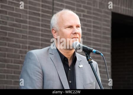 Pastor Jobst Bittner during the March of Life with the message Remembering Reconciliation Together into the Future in 80th anniversary of the beginnin Stock Photo