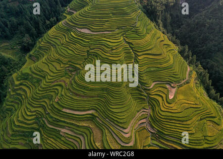 An aerial view of the Jiabang rice terraces in Congjiang County, Qiandongnan Miao and Dong Autonomous Prefecture, southwest China's Guizhou Province o Stock Photo