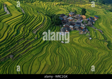 An aerial view of the Jiabang rice terraces in Congjiang County, Qiandongnan Miao and Dong Autonomous Prefecture, southwest China's Guizhou Province o Stock Photo