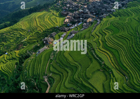 An aerial view of the Jiabang rice terraces in Congjiang County, Qiandongnan Miao and Dong Autonomous Prefecture, southwest China's Guizhou Province o Stock Photo