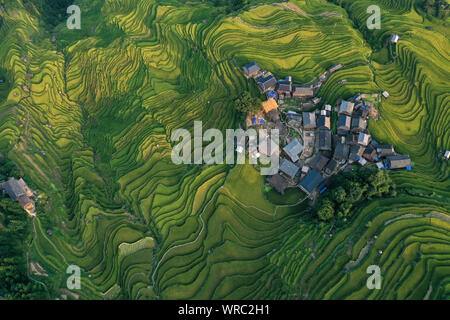 An aerial view of the Jiabang rice terraces in Congjiang County, Qiandongnan Miao and Dong Autonomous Prefecture, southwest China's Guizhou Province o Stock Photo