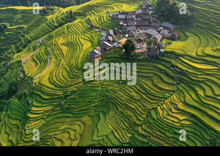 An aerial view of the Jiabang rice terraces in Congjiang County, Qiandongnan Miao and Dong Autonomous Prefecture, southwest China's Guizhou Province o Stock Photo