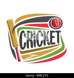 Vector abstract poster for Cricket game: red ball hitting of bat, flying on curve trajectory above pitch on white background. Stock Vector