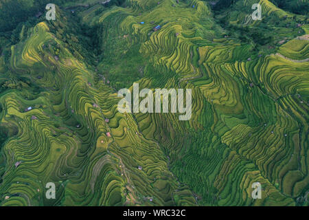 An aerial view of the Jiabang rice terraces in Congjiang County, Qiandongnan Miao and Dong Autonomous Prefecture, southwest China's Guizhou Province o Stock Photo