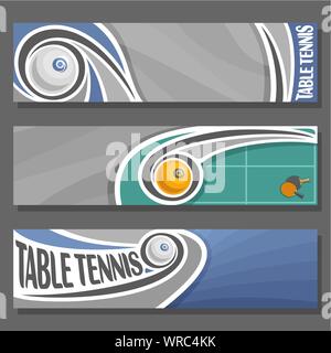 Vector horizontal banners for Table Tennis: 3 cartoon covers for text on table tennis theme, flying on trajectory ping pong ball on grey background. Stock Vector