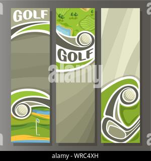 Vector set of vertical banners for Golf Course: 3 templates for text on golf course theme,  outdoor nature with lake on grey background. Stock Vector