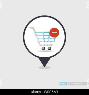 Shopping cart pin map icon with minus. Remove from cart. E-commerce sign. Map pointer. Map markers. Destination vector icon. Graph symbol for your web Stock Vector