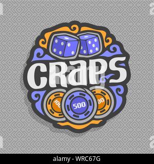 Vector logo for Craps gambling game: 2 blue dice cubes with combination 1:1, lettering - craps, gamble icon with curly decoration on grey geometric ba Stock Vector