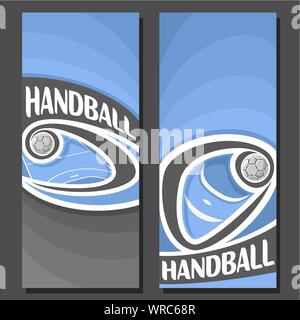 Vector vertical banners for Handball: 2 layouts for text on handball theme, ball flying on curve above blue court on black background. Stock Vector