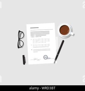 Agreement and contract vector. Flat style vector illustration. Paper with seal and pen. Legal and finance form. Business agreement concept. Flat reali Stock Vector