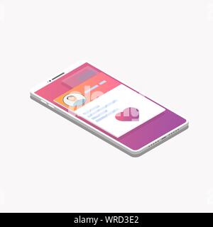 Isometric mobile phone and dating app. Online dating concept, social site photos and profiles with matching. Heart button and like. Trendy gradient an Stock Vector