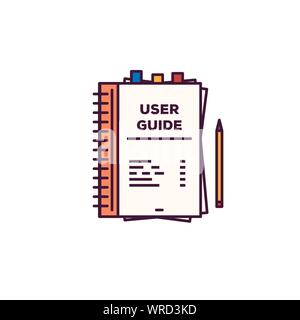 User guide book. Handbook with cover and text user guide. Line style vector. Instructions and guidance manual textbook. Tutorial or other education ve Stock Vector