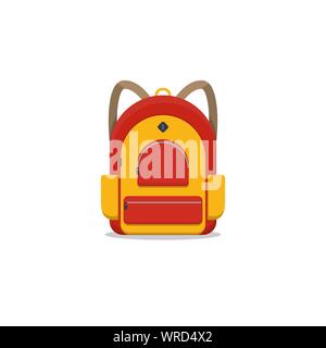 Red and yellow colored school backpack. Backpack with pockets and zipper. Education and study back to school back pack. Schoolbag or knapsack. Stock Vector