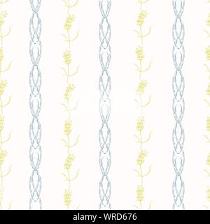 Lavender flowers vintage style design. Geometric seamless vector pattern on cream background with pastel purple and yellow. Great for wellbeing Stock Vector