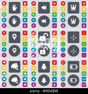 Hand, Rewind, Crown, Checkpoint, Lock, Compass, CCTV, Firtree, Battery icon symbol. A large set of flat, colored buttons for your design. Vector Stock Vector