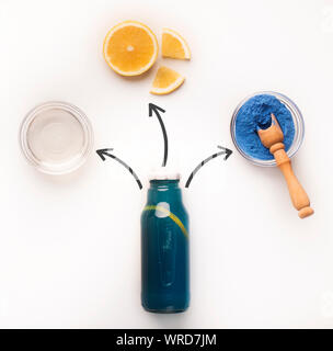 Fresh components with arrows and detox water concept on white Stock Photo