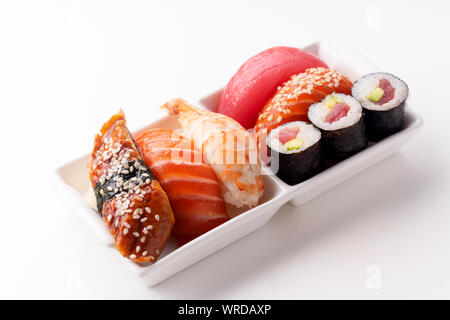 Creative layout with various sushi on white background. Shrimp, eel, salmon and tuna Stock Photo